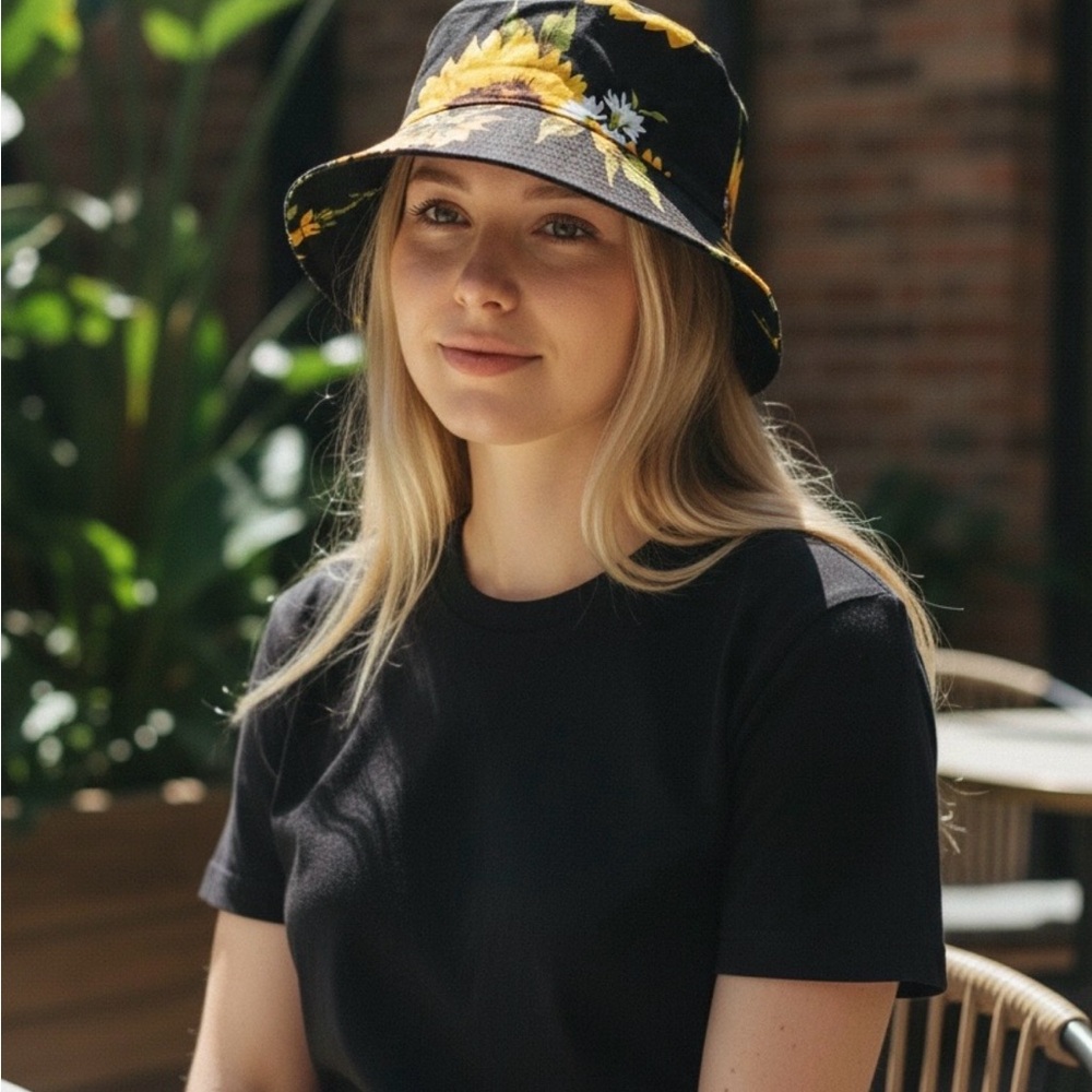 Black Sunflower Bucket Hat - Women's Floral Sun Hat